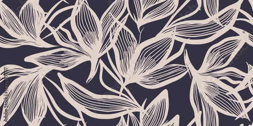 Elegant Line Art Foliage Pattern on Dark Background