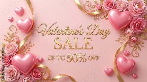 Valentine's Day Sale Banner with Pink Hearts and Roses