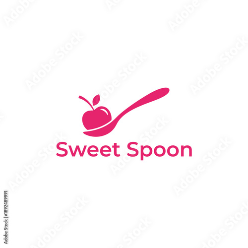 Simple cherry fruit on a spoon icon for dessert shop or culinary cafe branding identity featuring the text Sweet Spoon typography