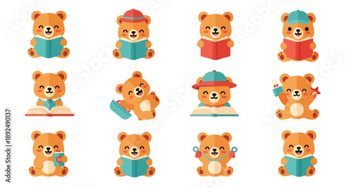 Cute Bear Collection Reading and Having Fun