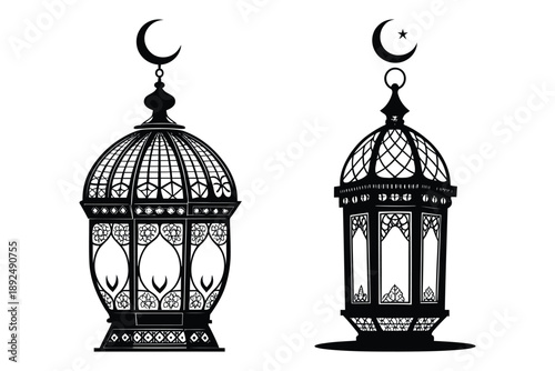 islamic ramadan lantern silhouette set, traditional arabic fanous lamps with crescent moon and star, black decorative mosque lantern vector illustration isolated on white background