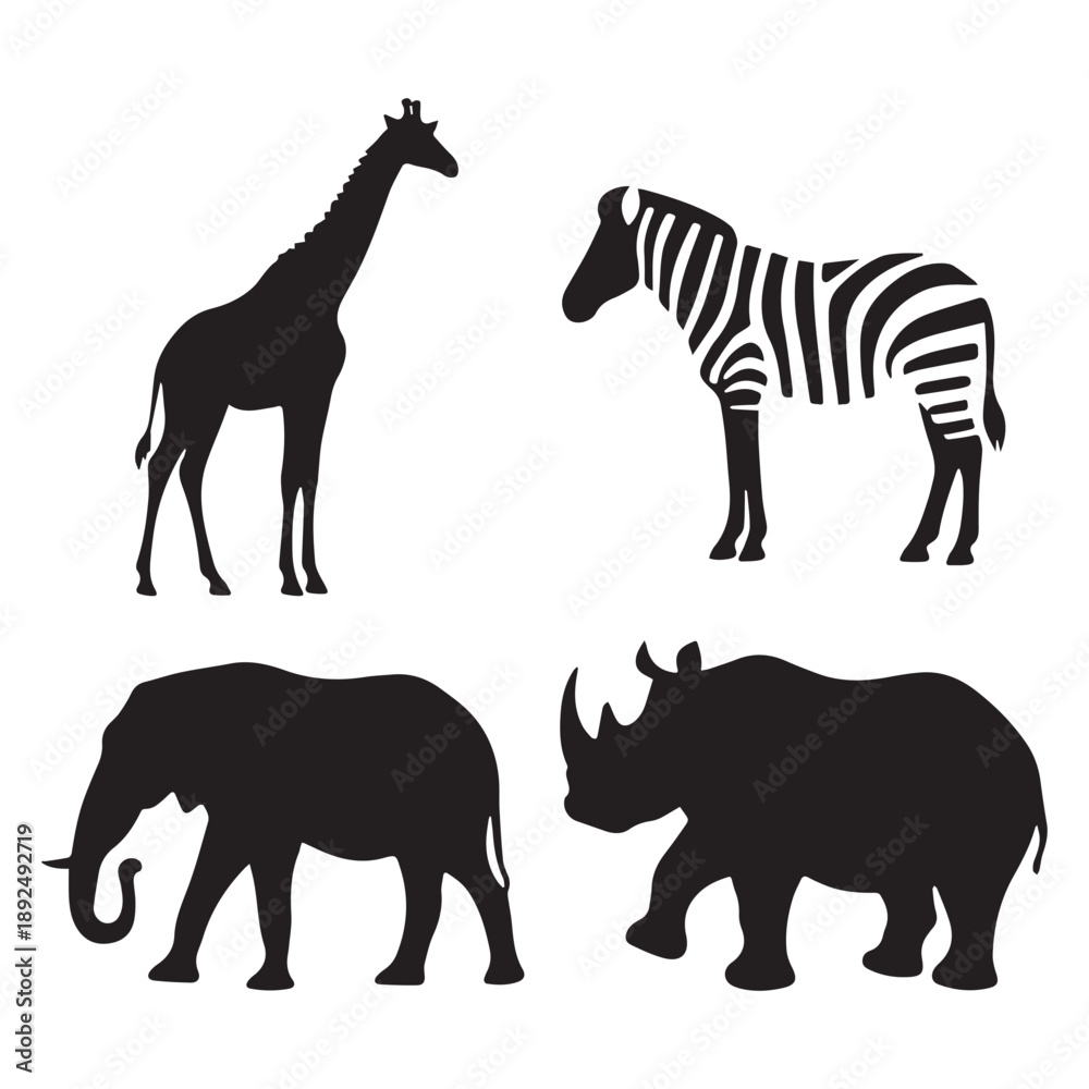 Fototapeta premium Silhouette Vector Set Featuring Giraffe Zebra Elephant and Rhino Graphics.