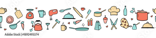 Seamless border with kitchen tools. Childish funny endless pattern isolated on white background