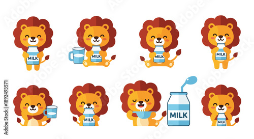 Cute Lions with Milk Cartoon Collection