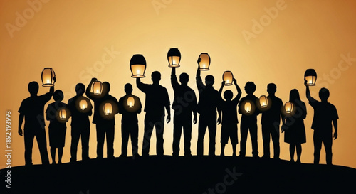 Silhouette of diverse group of people holding lanterns up at sunset or sunrise with warm orange background