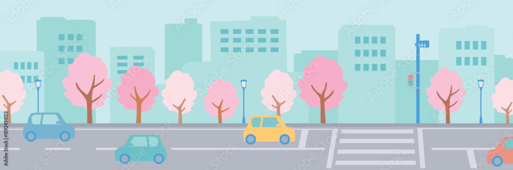 Obraz premium 桜並木と街並みのバナー背景イラスト
