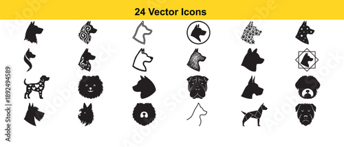 collection of twenty four black and white vector icons featuring various dog breeds