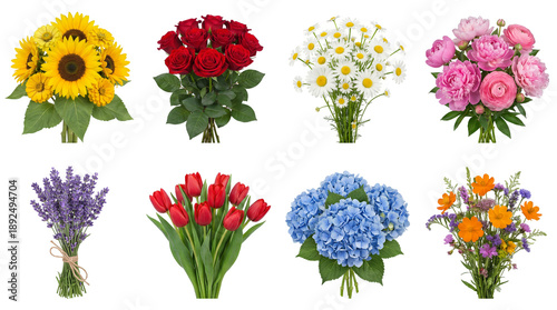 Flower bouquet set including sunflowers, roses, daisies, peonies, lavender, tulips, hydrangeas, and wildflowers isolated. Floral decoration and gift assortment.