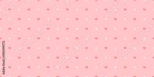 Seamless pink pattern with small hearts and dots. Cute flat background. Perfect for baby designs, kids products, wrapping paper, textiles, wallpapers, digital prints. Vector illustration