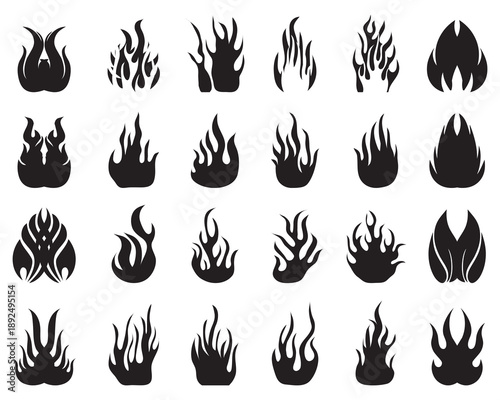 Black Silhouette Flame Icons Set Keywords: flame, fire, fire icon, silhouette, black, heat