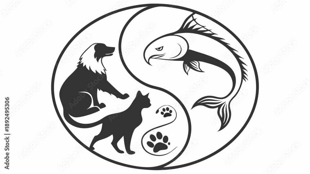 Naklejka premium Yin Yang Symbol with Dog Cat and Fish Silhouette for Veterinary Clinic Logo Design or Pet Shop Branding Vector Illustration