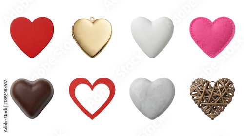 Heart set including red wood, gold locket, pink felt, chocolate, stone, and wicker styles isolated. Romantic Valentine's Day decoration collection.