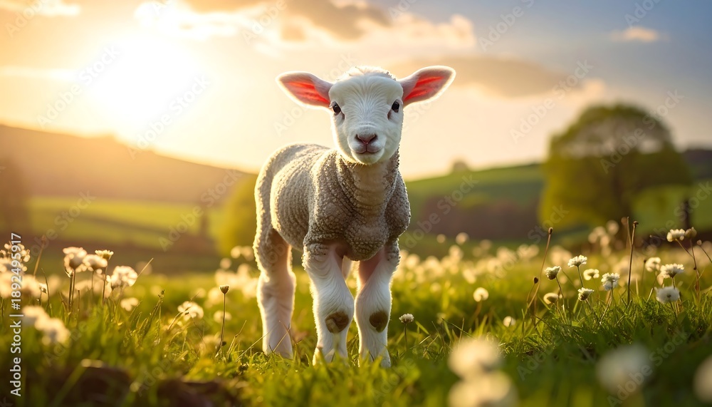 Fototapeta premium Lamb in a field at sunset