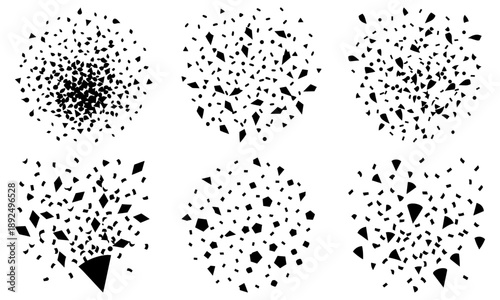 Collection of abstract black shapes and dots arranged in circular patterns on a white background from a direct viewpoint