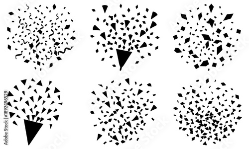 Six circular illustrations of varying fragmentations and dispersions of triangle shapes viewed from directly above
