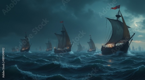 Fleet of Viking longships sailing on a stormy sea at night under a full moon. Dramatic cinematic scene of Norse warriors on a voyage during a tempest. Generative AI.