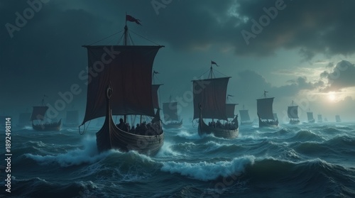 Fleet of Viking longships sailing on a stormy sea at night under a full moon. Dramatic cinematic scene of Norse warriors on a voyage during a tempest. Generative AI.