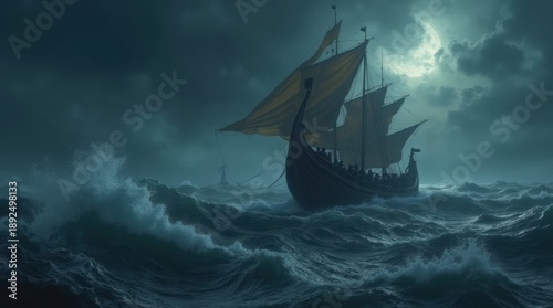 Fleet of Viking longships sailing on a stormy sea at night under a full moon. Dramatic cinematic scene of Norse warriors on a voyage during a tempest. Generative AI.