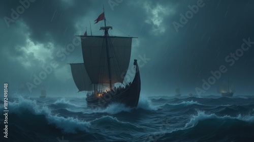 Fleet of Viking longships sailing on a stormy sea at night under a full moon. Dramatic cinematic scene of Norse warriors on a voyage during a tempest. Generative AI.