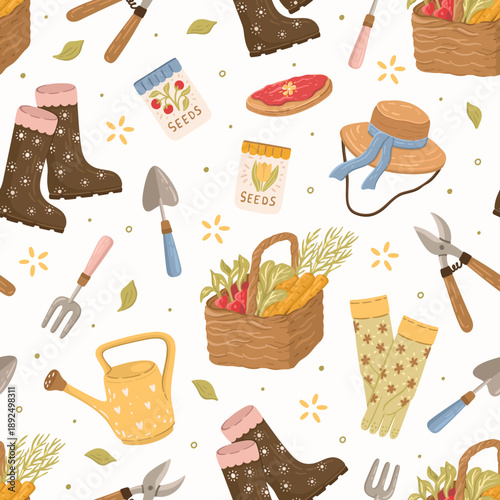 Spring Gardening pattern with cute Farming tools and plants. Vector.