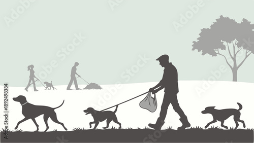 Responsible Dog Walker Picking Up Pet Waste In Public Park Silhouette Illustration For Community Rules And Pet Care