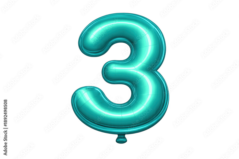 Fototapeta premium Teal number three metallic balloon on transparent background