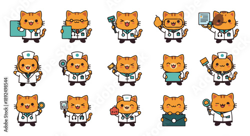 Cartoon Cat Doctor Set Various Poses and Expressions