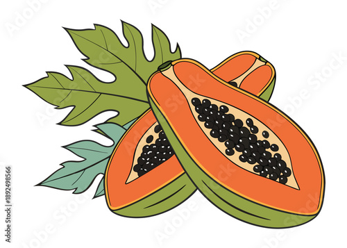 Two juicy papaya halves with black seeds and green leaves on white.
