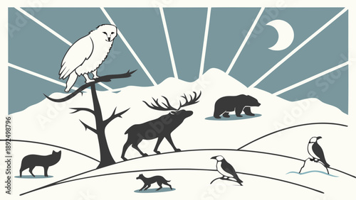 Majestic Arctic Wildlife Scene Vintage Graphic Illustration Snowy Owl Elk Bear Silhouettes Winter Tundra Ecology Design