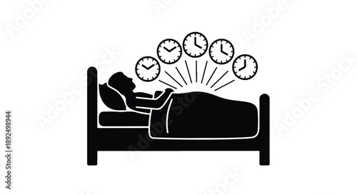 Person lying in bed with clocks ticking above