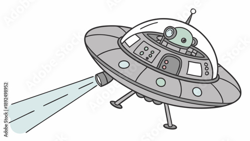 Cute Cartoon UFO Flying Saucer Illustration with Green Alien Pilot and Scanning Beam Space Exploration Design