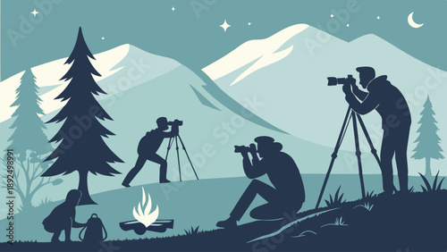 Night Photography Adventure Vector Illustration Photographers Capturing Stars and Mountains by Campfire Creative Hobby and Exploration