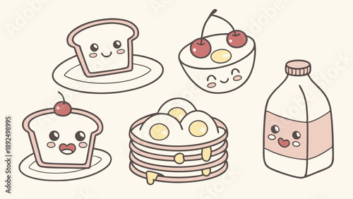 Happy Kawaii Breakfast Food Characters Vector Set Smiling Toast Milk and Pancakes for Kids Design