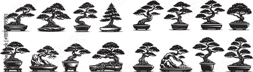 Bonsai Tree Silhouette Icon Set – Black Japanese Miniature Trees Collection
