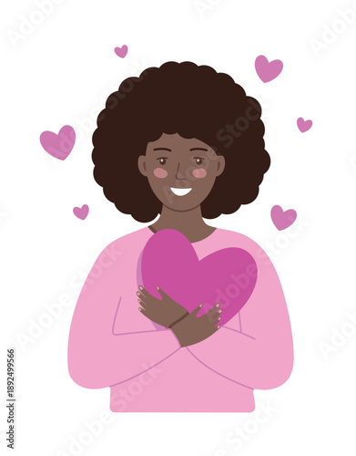 Happy Black woman hugging a heart. Self-love, self-care and body positivity concept. Vector art