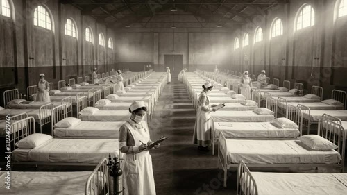 Historical hospital ward with rows of beds and nurses in vintage uniforms. Sepia toned footage of a medical infirmary during a pandemic. Mid-century healthcare and nursing scene