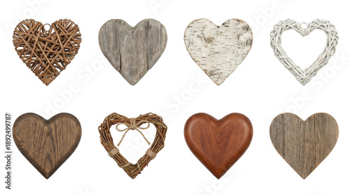 Natural wood heart set including wicker, birch bark, oak, and woven vine textures isolated. Rustic decorative symbols for romance and craft.