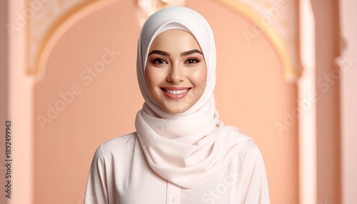 Beautiful Muslim Woman Wearing Hijab Smiling Gently with a Warm and Welcoming Expression