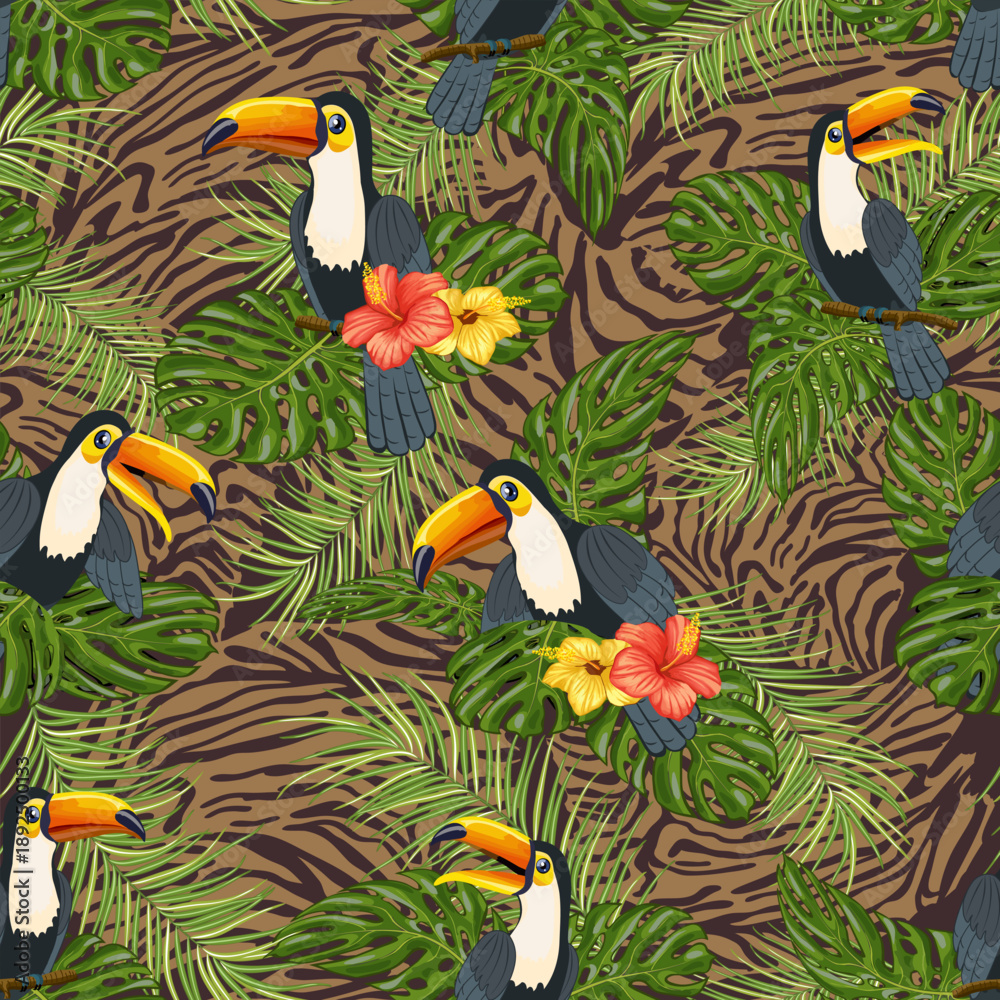 Fototapeta premium Birds in leaves on a spotted background.Vector pattern with palm leaves and toucans on a tiger background.