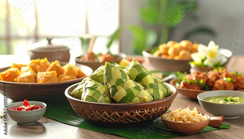 Traditional Indonesian rice cakes (ketupat) served with various side dishes, perfect for festive occasions and culinary exploration