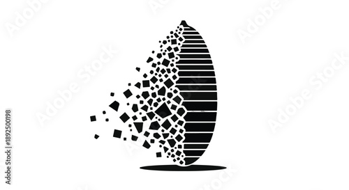 Abstract geometric shape disintegrating into particles