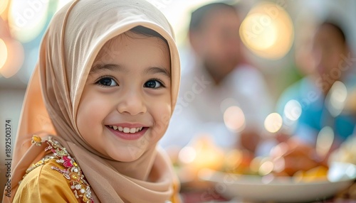 A smiling young girl wearing a hijab, her face illuminated by soft, warm light, exuding joy and innocence, with a blurred background suggesting a family gathering