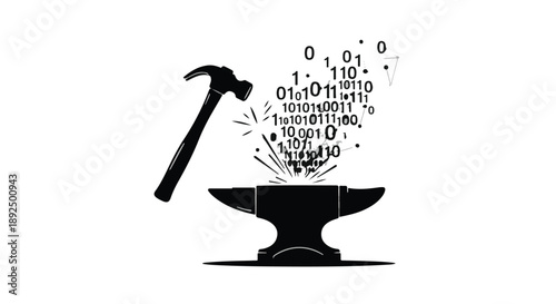 Coding and development concept with hammer and binary code