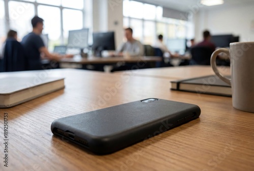 A smartphone placed face down in sharp focus with a blurred and out of focus office background, symbolizing digital overload and mental boundaries at work.