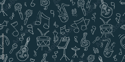 Doodle music seamless pattern with instruments - guitar, drums, saxophone and maracas. Concept of jazz or rock concert with music stand, guitar, notes, vector sketch illustration