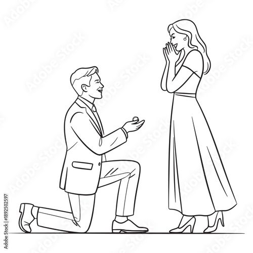 Marriage Proposal Couple Line Art Vector Illustration Man Kneeling with Ring