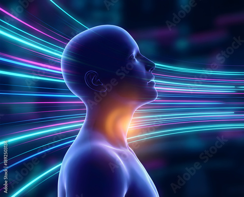 Human head profile with glowing throat and abstract light trails