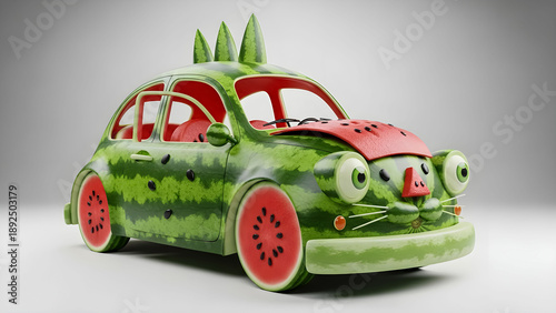 Adorable and unique 3d concept car creatively modeled to resemble a whimsical cartoon watermelon character with oversized eyes and spiky green accents