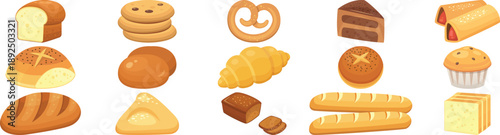 A delicious set of fresh Easter eggs isolated on white with tasty bakery snacks and sweet breakfast pastry bread for a healthy diet