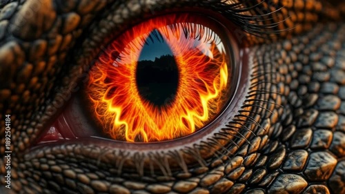 Extreme close up of scary dragon eye opening with fire flames reflection, cinematic fantasy monster awakening with glowing orange reptilian skin texture.